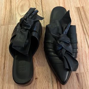 Tibi Black Leather Bow Slip On Mule